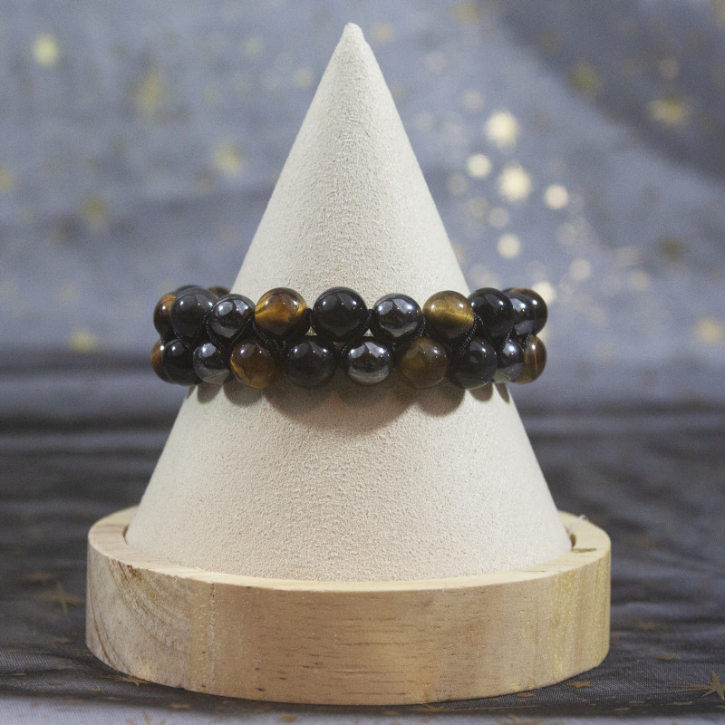 Bracelet tressé Hématite, oeil de tigre et obsidienne